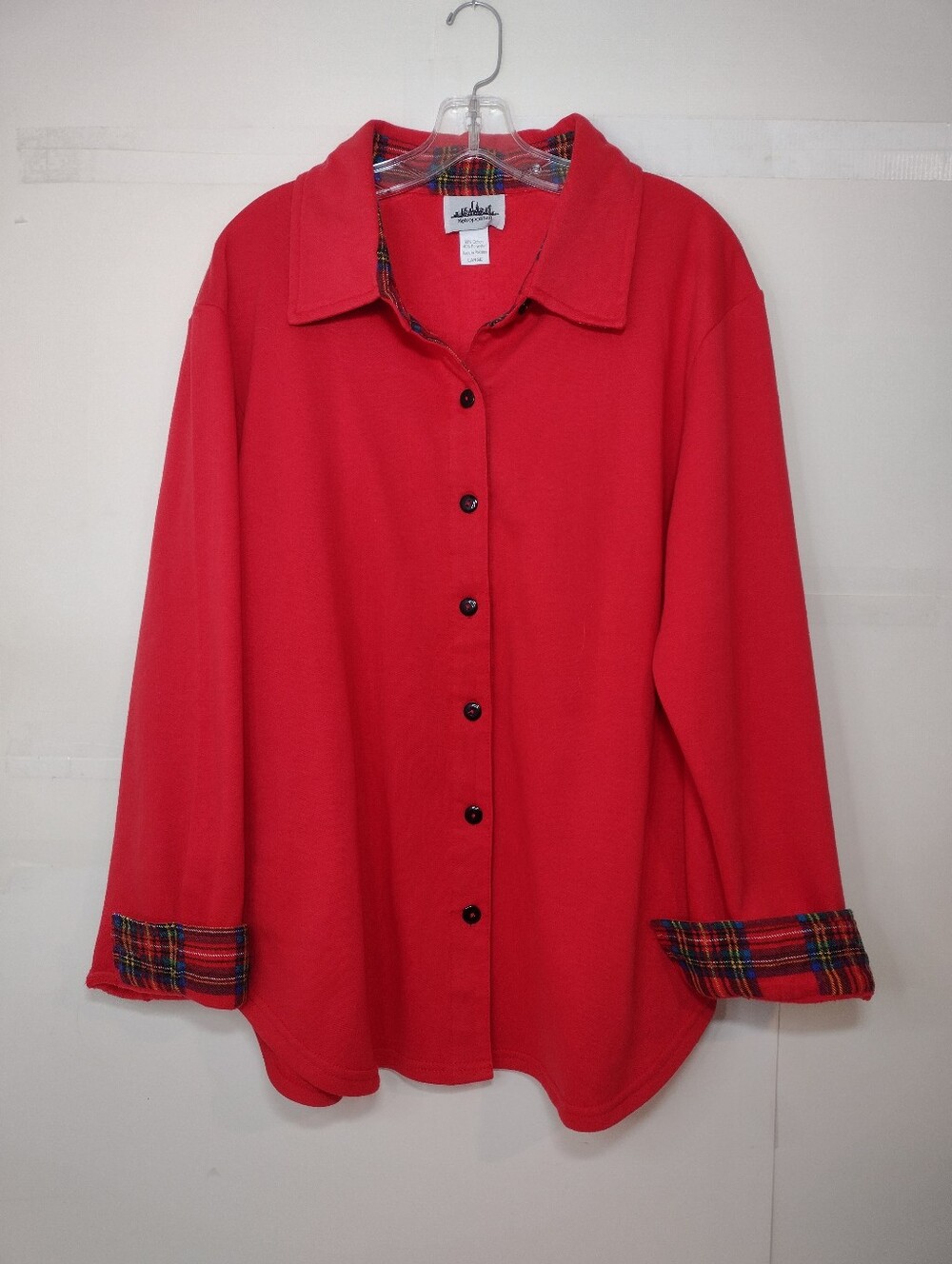 Metropolitan Women's Red Button-Up Shirt Jacket with Plaid Cuffs (L)
